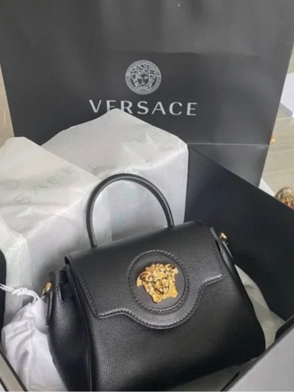 Versace Black Leather Satchel with Gold Medusa Emblem